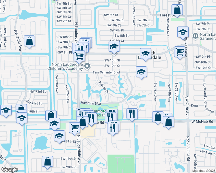 map of restaurants, bars, coffee shops, grocery stores, and more near 1298 Sussex Drive in North Lauderdale