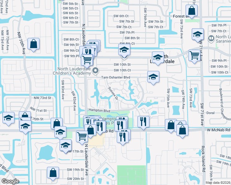 map of restaurants, bars, coffee shops, grocery stores, and more near 1298 Sussex Drive in North Lauderdale