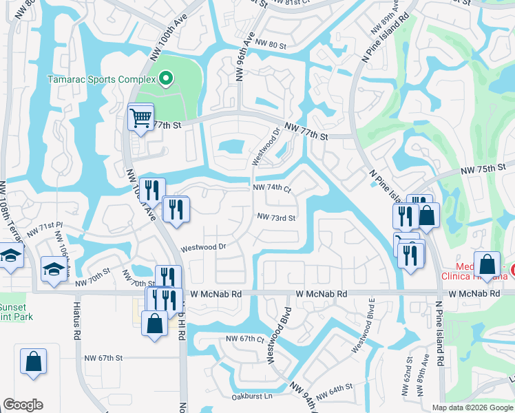 map of restaurants, bars, coffee shops, grocery stores, and more near 7208 Westwood Drive in Tamarac