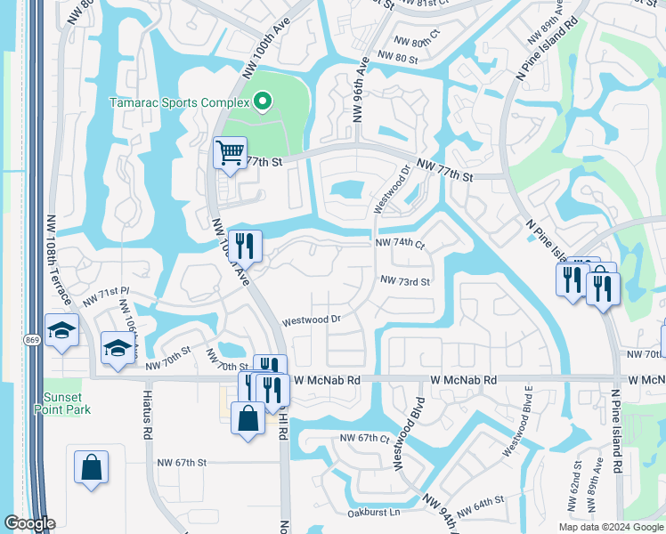 map of restaurants, bars, coffee shops, grocery stores, and more near 9745 Malvern Drive in Tamarac