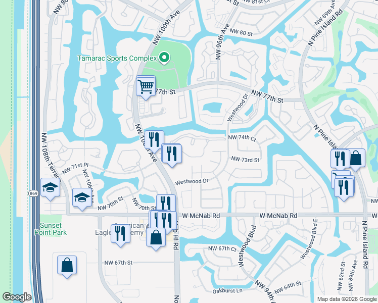 map of restaurants, bars, coffee shops, grocery stores, and more near 9624 South Belfort Circle in Tamarac