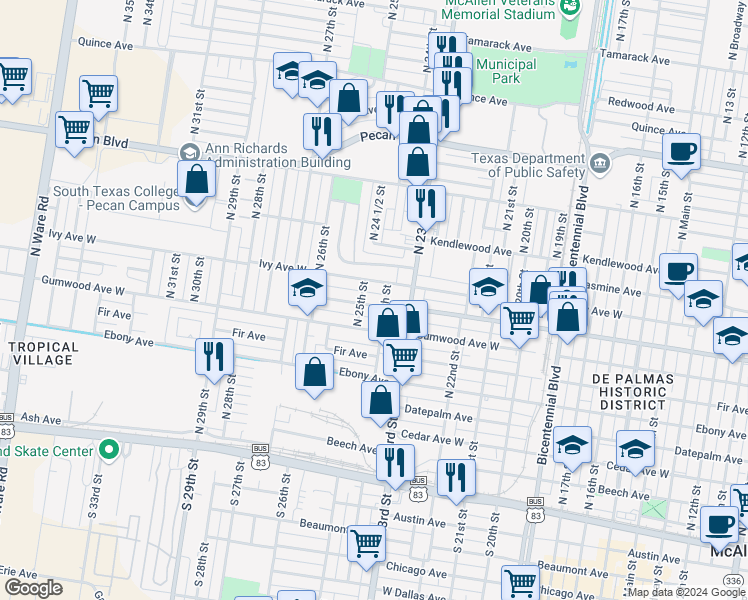 map of restaurants, bars, coffee shops, grocery stores, and more near 2405 West Hackberry Avenue in McAllen