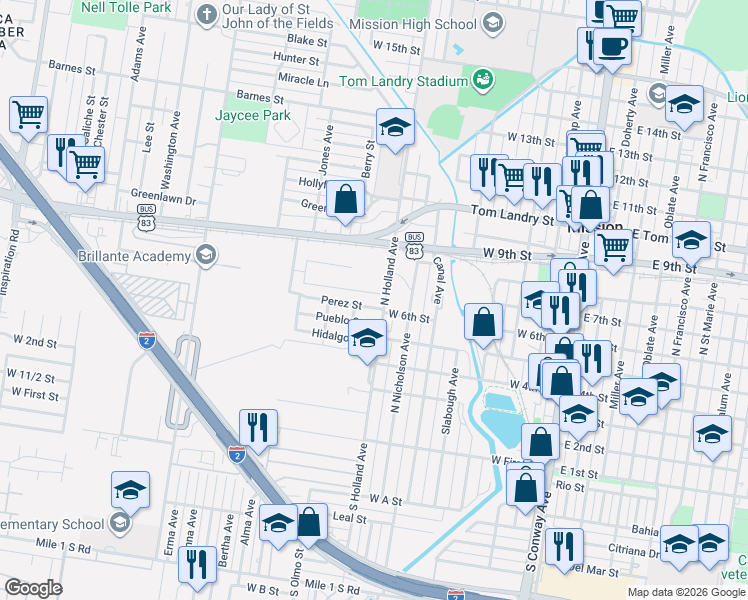 map of restaurants, bars, coffee shops, grocery stores, and more near 832 Pueblo Street in Mission