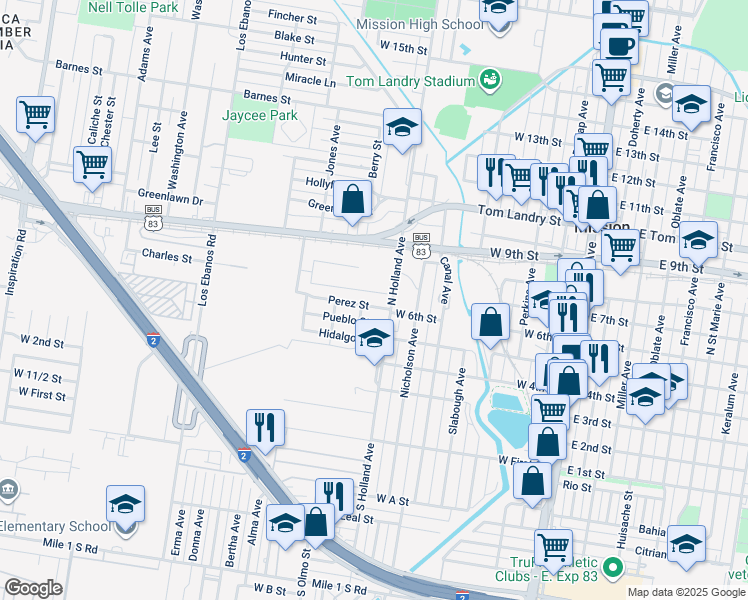 map of restaurants, bars, coffee shops, grocery stores, and more near 832 Pueblo Street in Mission