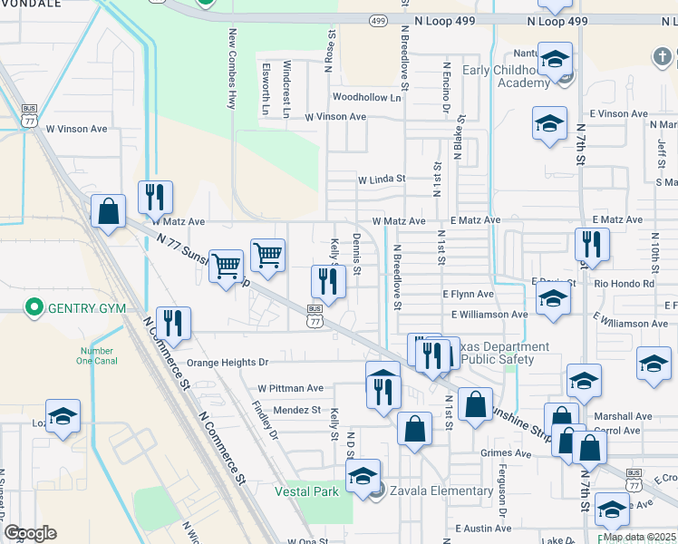 map of restaurants, bars, coffee shops, grocery stores, and more near 602 West Pickens Avenue in Harlingen