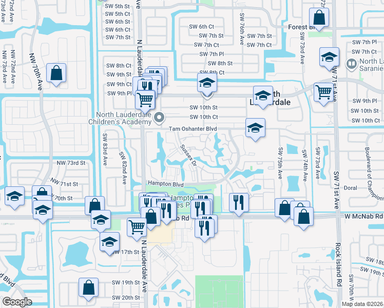 map of restaurants, bars, coffee shops, grocery stores, and more near 1298 Sussex Drive in North Lauderdale