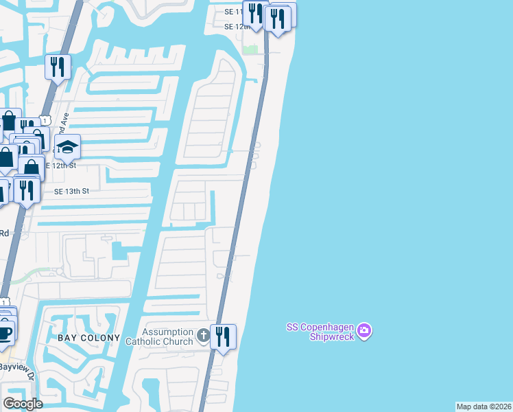 map of restaurants, bars, coffee shops, grocery stores, and more near 1470 South Ocean Boulevard in Pompano Beach