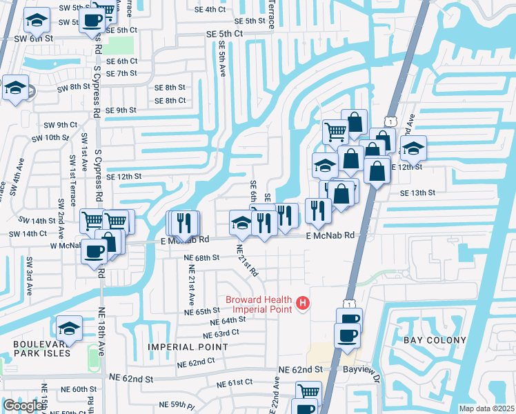 map of restaurants, bars, coffee shops, grocery stores, and more near 1350 Southeast 6th Terrace in Pompano Beach