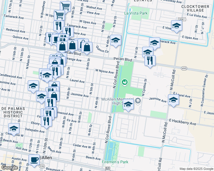 map of restaurants, bars, coffee shops, grocery stores, and more near 1198 North 3rd Street in McAllen