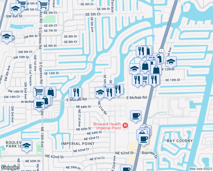 map of restaurants, bars, coffee shops, grocery stores, and more near 1350 Southeast 6th Terrace in Pompano Beach