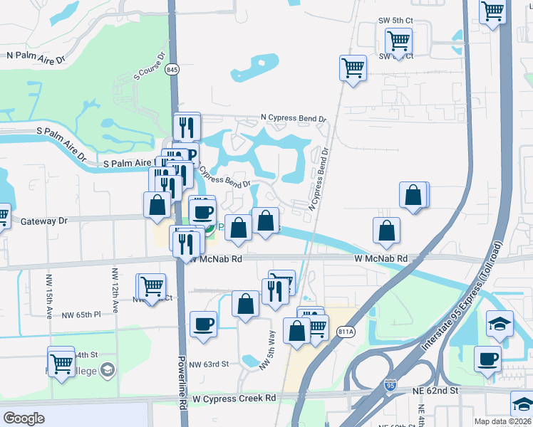 map of restaurants, bars, coffee shops, grocery stores, and more near 2208 South Cypress Bend Drive in Pompano Beach