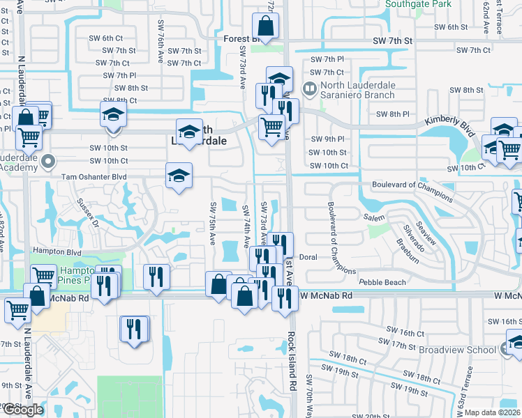 map of restaurants, bars, coffee shops, grocery stores, and more near 1250 Southwest 73rd Avenue in North Lauderdale