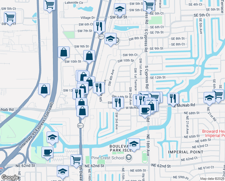 map of restaurants, bars, coffee shops, grocery stores, and more near 384 Southwest 14th Street in Pompano Beach