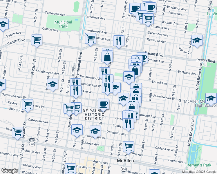 map of restaurants, bars, coffee shops, grocery stores, and more near 1300 Ivy Avenue in McAllen