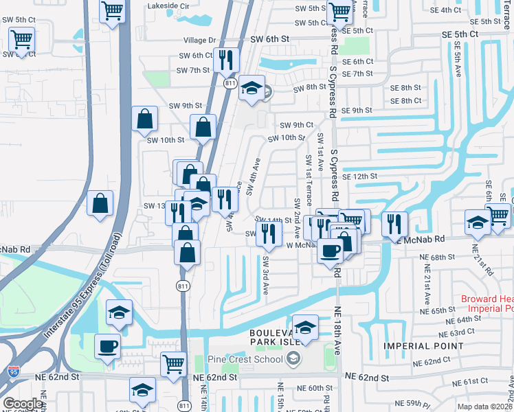 map of restaurants, bars, coffee shops, grocery stores, and more near 384 Southwest 14th Street in Pompano Beach