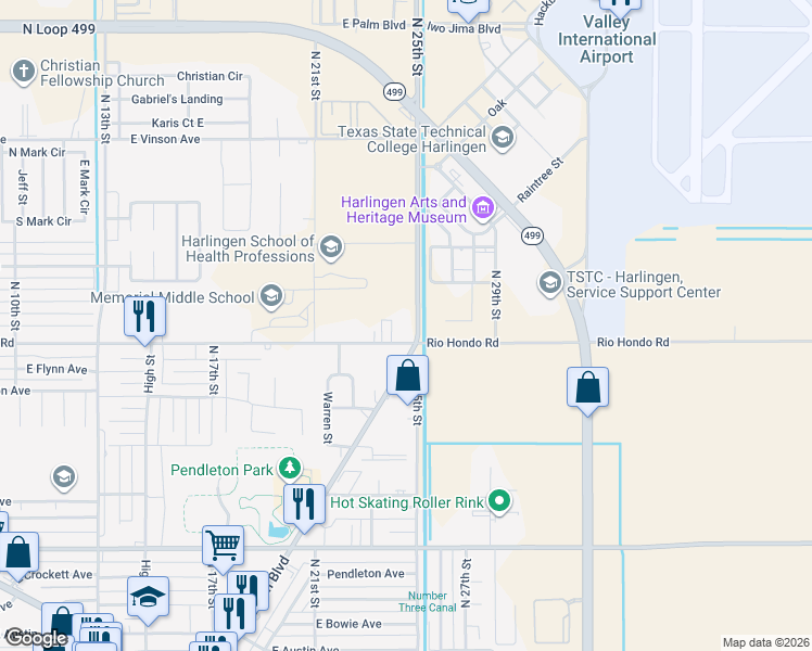 map of restaurants, bars, coffee shops, grocery stores, and more near 2001 Rio Hondo Road in Harlingen