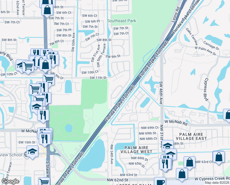 map of restaurants, bars, coffee shops, grocery stores, and more near 4977 Southwest 11th Place in Margate