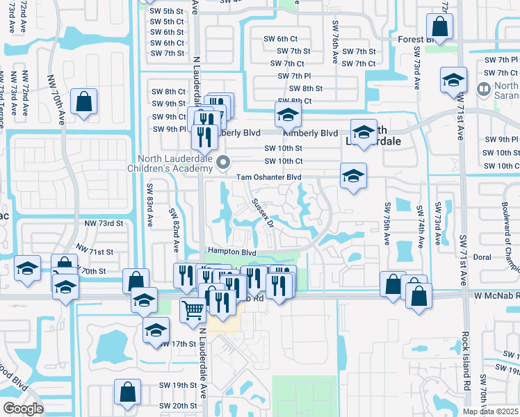 map of restaurants, bars, coffee shops, grocery stores, and more near 1110 Sussex Drive in North Lauderdale