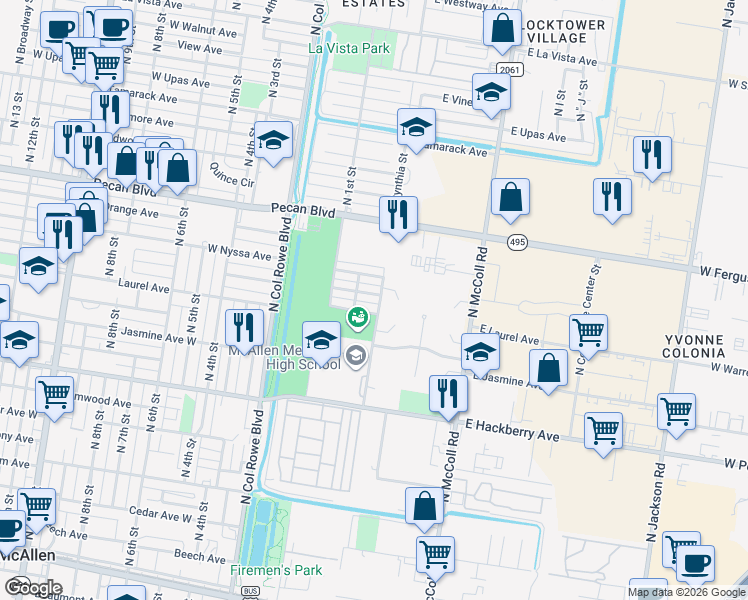 map of restaurants, bars, coffee shops, grocery stores, and more near 220 East Maple Avenue in McAllen