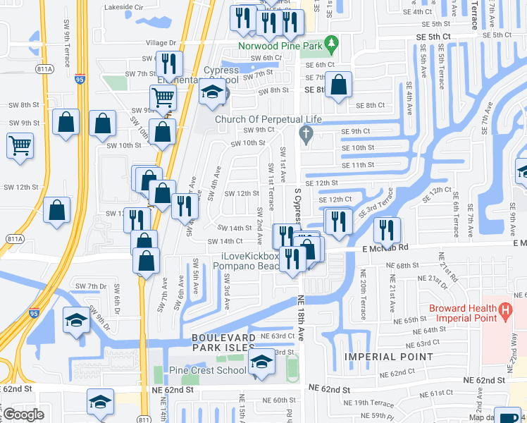 map of restaurants, bars, coffee shops, grocery stores, and more near 1282 Southwest 2nd Avenue in Pompano Beach
