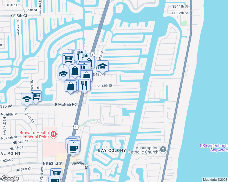 map of restaurants, bars, coffee shops, grocery stores, and more near 2416 Southeast 13th Street in Pompano Beach