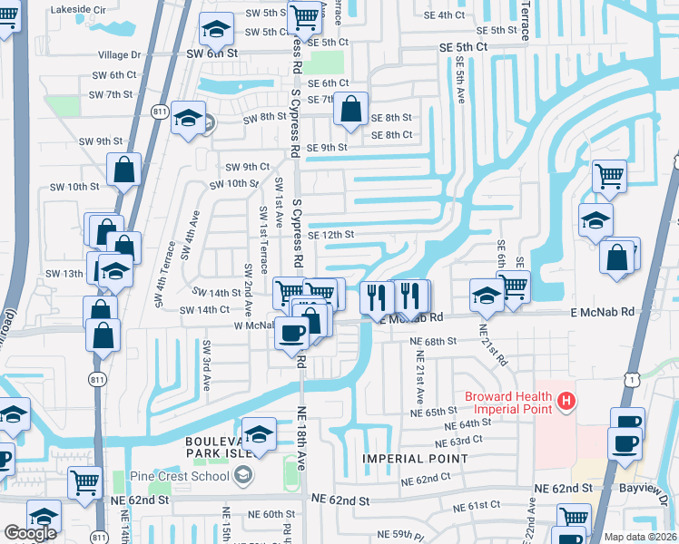 map of restaurants, bars, coffee shops, grocery stores, and more near 151 Southeast 12th Court in Pompano Beach