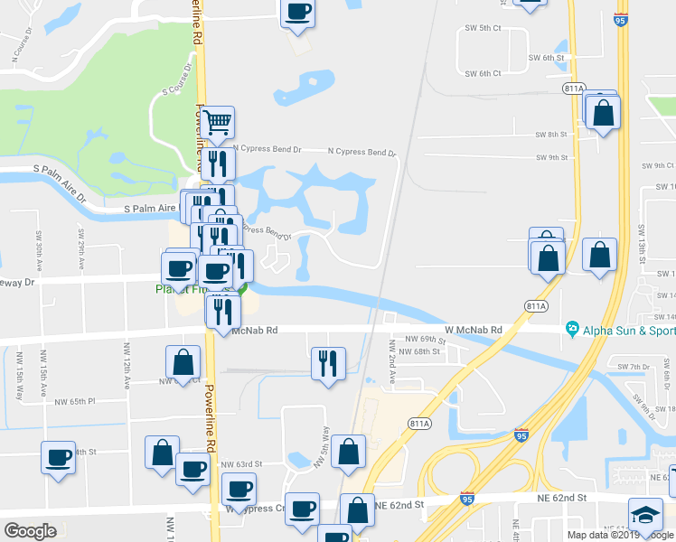 map of restaurants, bars, coffee shops, grocery stores, and more near 2205 South Cypress Bend Drive in Pompano Beach