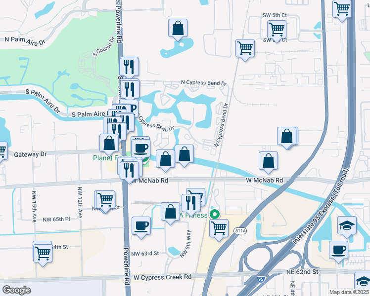 map of restaurants, bars, coffee shops, grocery stores, and more near 2240 North Cypress Bend Drive in Pompano Beach