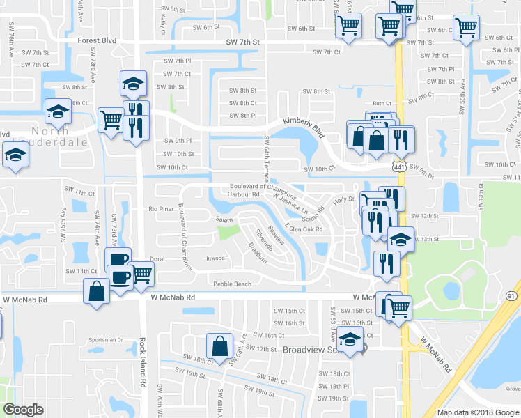 map of restaurants, bars, coffee shops, grocery stores, and more near 1041 West Jasmine Lane in North Lauderdale