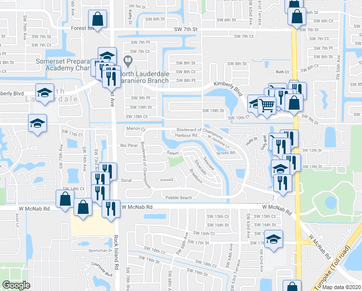 map of restaurants, bars, coffee shops, grocery stores, and more near 6526 Harbour Road in North Lauderdale