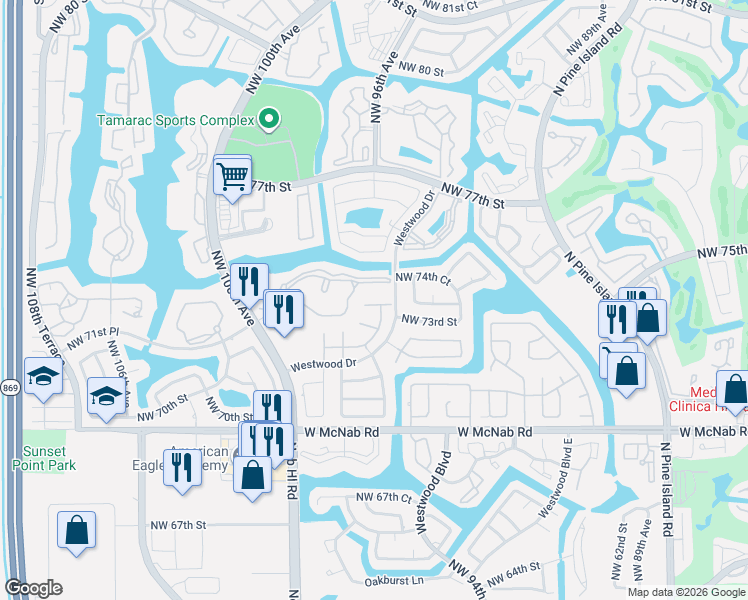 map of restaurants, bars, coffee shops, grocery stores, and more near 301 North Belfort Circle in Tamarac