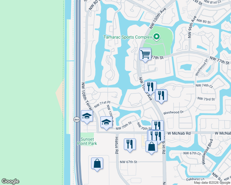 map of restaurants, bars, coffee shops, grocery stores, and more near 10558 East Clairmont Circle in Tamarac