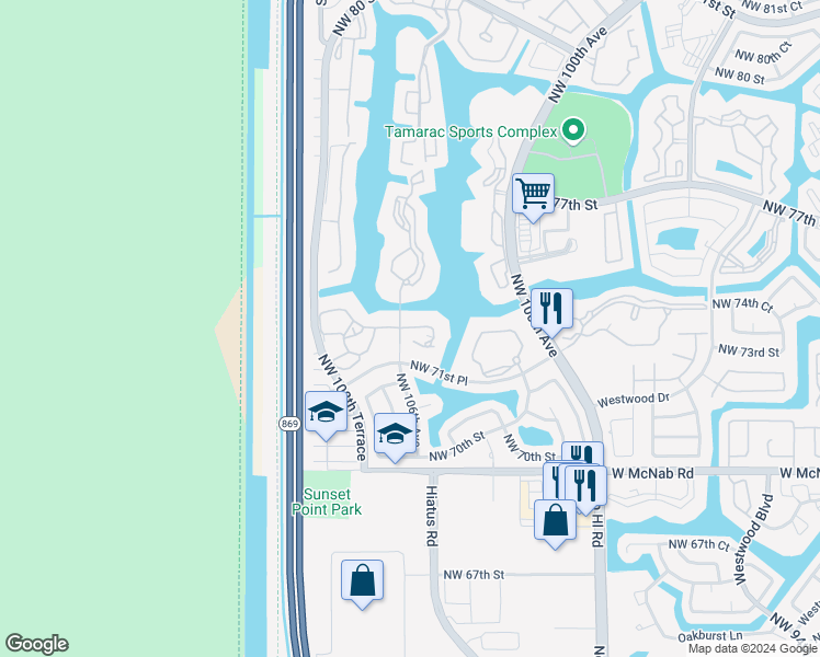 map of restaurants, bars, coffee shops, grocery stores, and more near 10558 East Clairmont Circle in Tamarac
