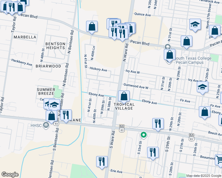 map of restaurants, bars, coffee shops, grocery stores, and more near 700 North 38th Street in McAllen