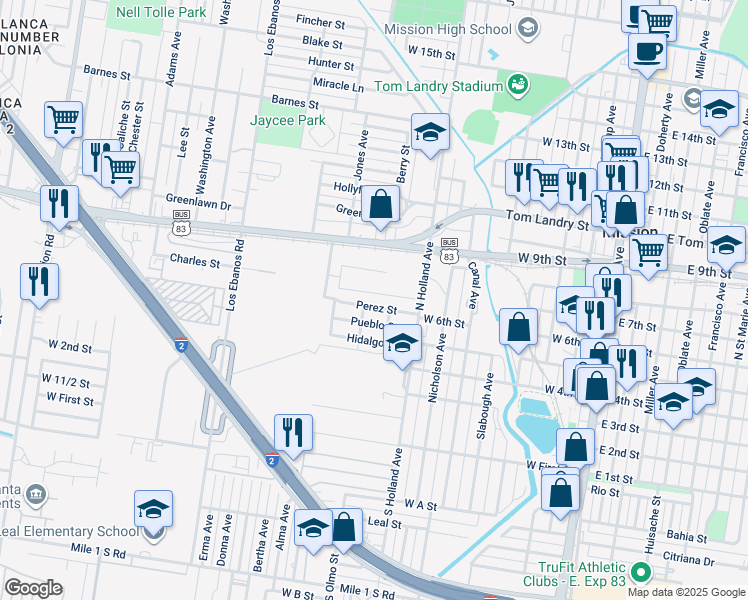map of restaurants, bars, coffee shops, grocery stores, and more near 1013 Perez Street in Mission