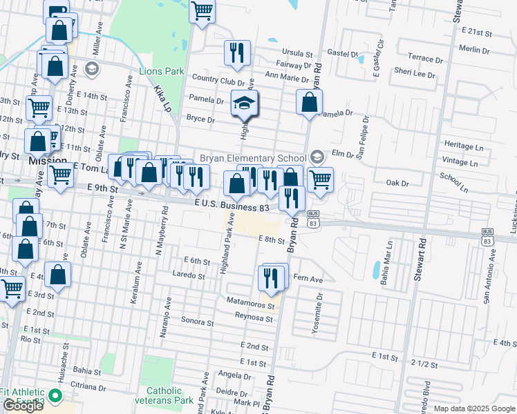 map of restaurants, bars, coffee shops, grocery stores, and more near 1201 East Tom Landry Street in Mission