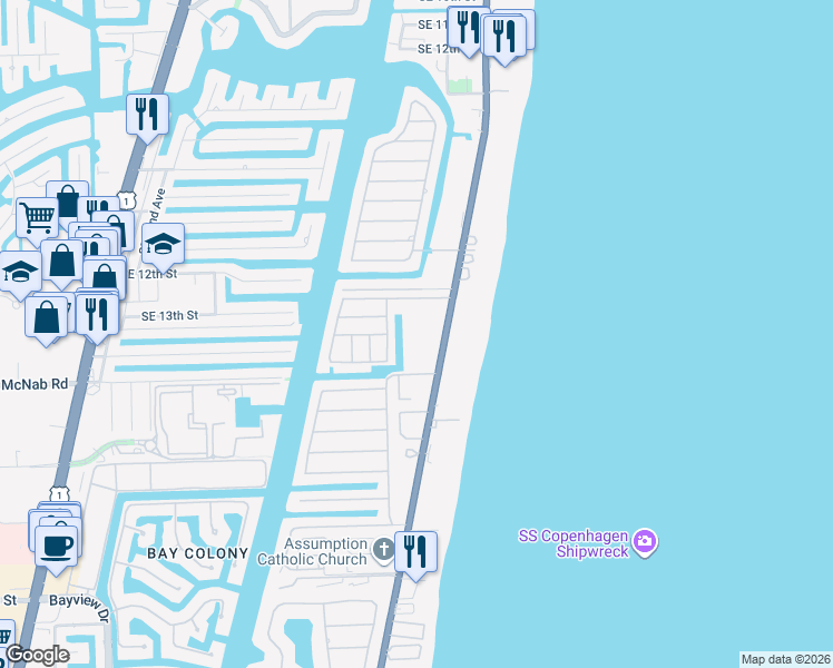 map of restaurants, bars, coffee shops, grocery stores, and more near 1439 South Ocean Boulevard in Pompano Beach