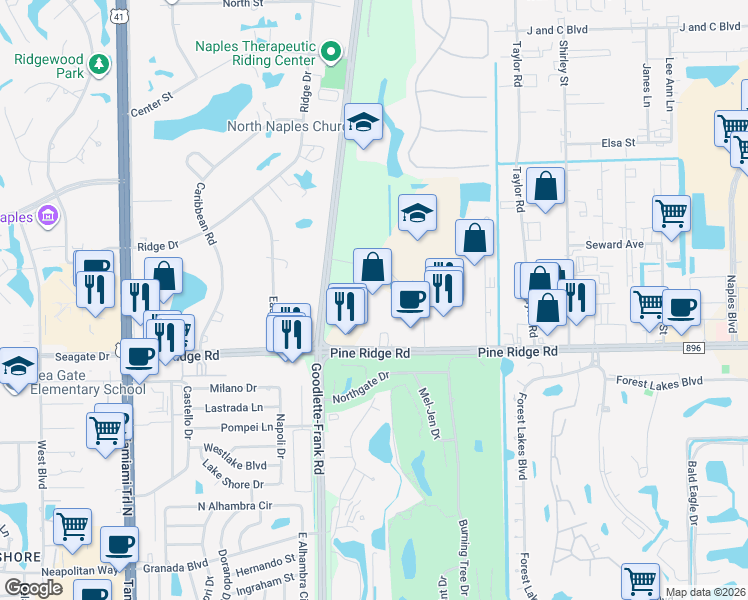 map of restaurants, bars, coffee shops, grocery stores, and more near 5934 Premier Way in Naples