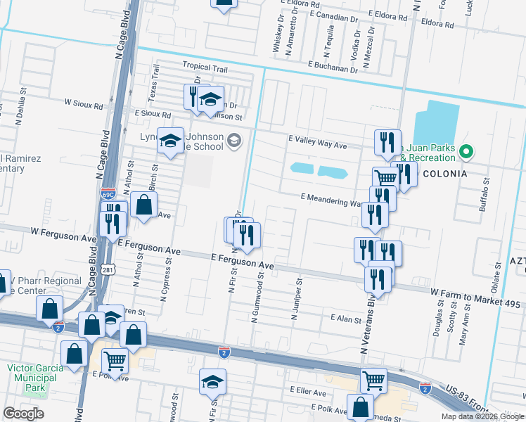 map of restaurants, bars, coffee shops, grocery stores, and more near 2404 Friday Avenue in Pharr