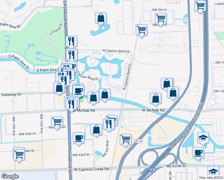 map of restaurants, bars, coffee shops, grocery stores, and more near 2205 South Cypress Bend Drive in Pompano Beach