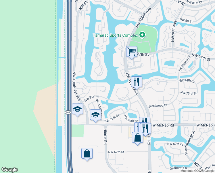 map of restaurants, bars, coffee shops, grocery stores, and more near 10422 East Clairmont Circle in Tamarac