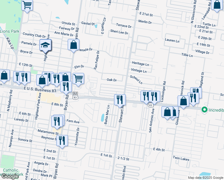 map of restaurants, bars, coffee shops, grocery stores, and more near 1502 Oak Drive in Mission