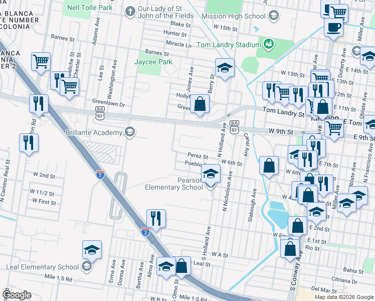 map of restaurants, bars, coffee shops, grocery stores, and more near 1013 Perez Street in Mission