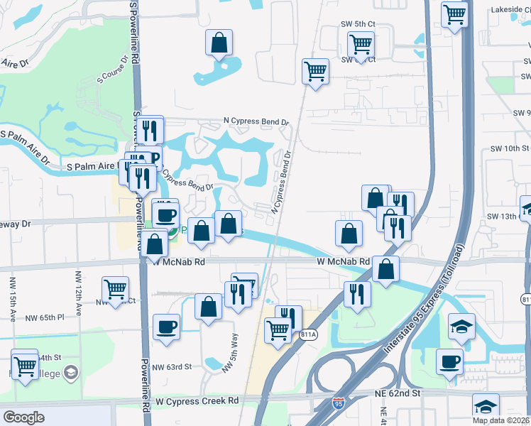 map of restaurants, bars, coffee shops, grocery stores, and more near 2112 North Cypress Bend Drive in Pompano Beach