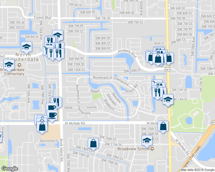 map of restaurants, bars, coffee shops, grocery stores, and more near 6526 Harbour Road in North Lauderdale