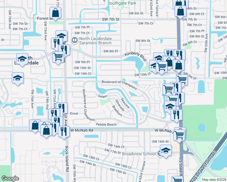 map of restaurants, bars, coffee shops, grocery stores, and more near 6526 Harbour Road in North Lauderdale