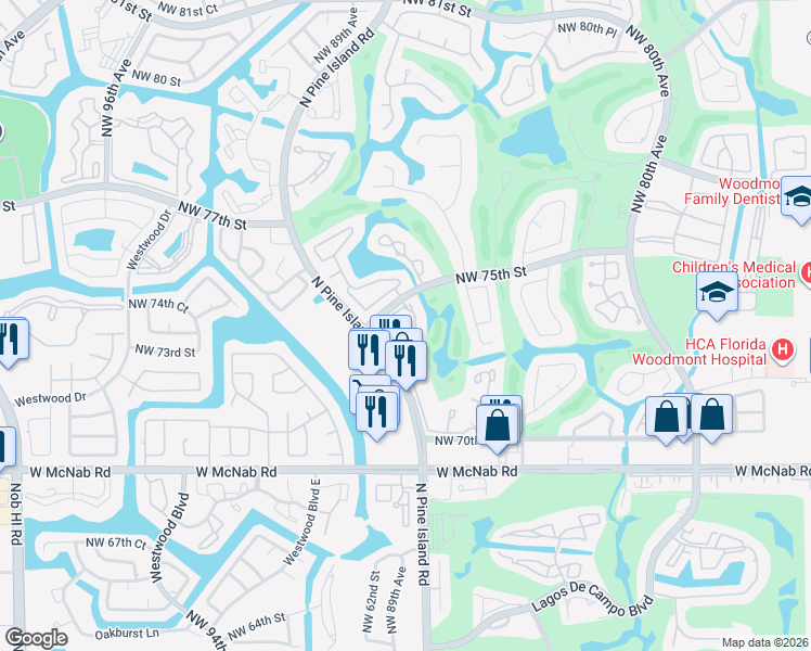 map of restaurants, bars, coffee shops, grocery stores, and more near 8722 Northwest 75th Court in Tamarac