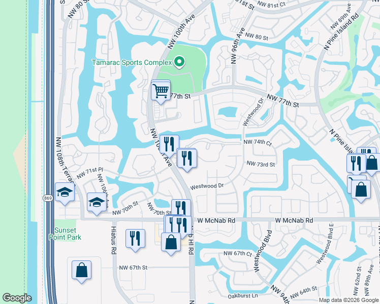 map of restaurants, bars, coffee shops, grocery stores, and more near 9784 North Belfort Circle in Tamarac