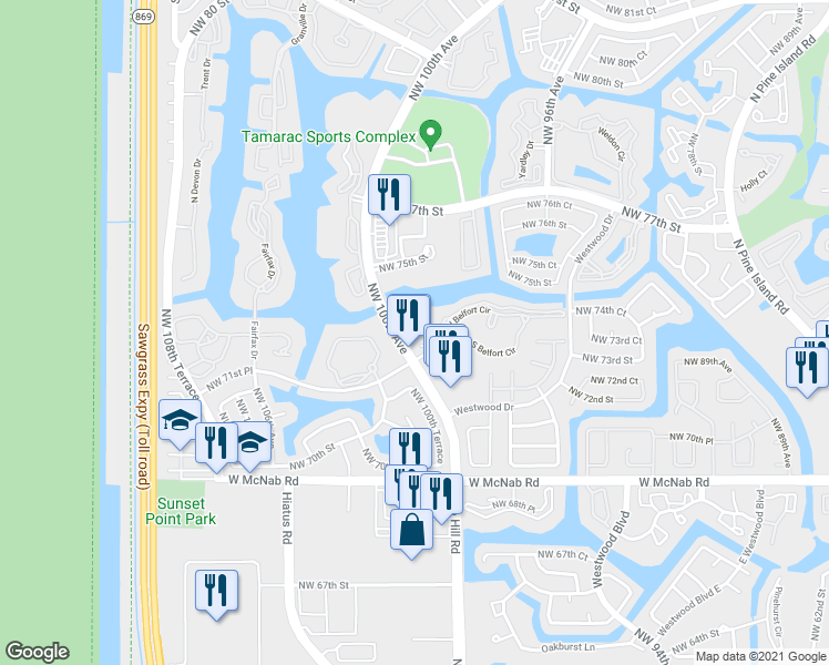 map of restaurants, bars, coffee shops, grocery stores, and more near 9955 North Belfort Circle in Tamarac