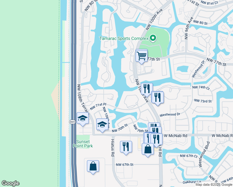 map of restaurants, bars, coffee shops, grocery stores, and more near 10422 East Clairmont Circle in Tamarac